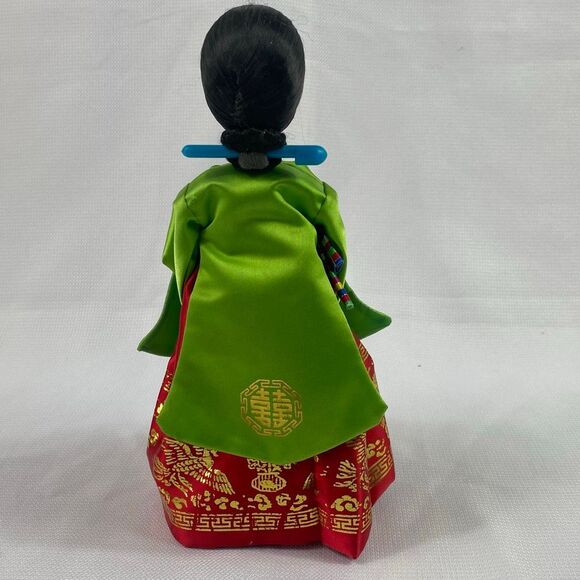 Vintage Korean Native Hanbok Doll Green Red Silk Dress Embroidered Folk Art - Picture 5 of 6